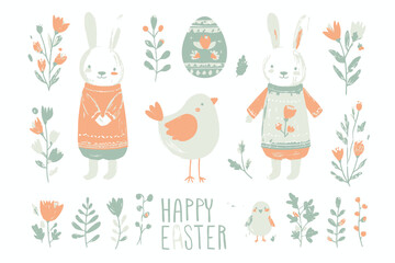 Easter Set Cute Bunny Egg Flower Chicks Hand Drawn Crayon Cartoon Vector Pastel Spring Illustration