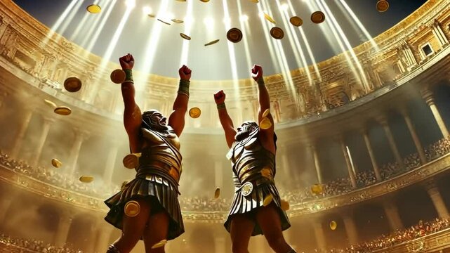 Victorious Gladiators Celebrated in Roman Colosseum with Falling Gold Coins, Crowd Cheers, Spotlight, Ancient Triumph, Financial Success, and Historical Achievement