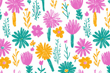 Flower Crayon Pastel Chalk Pattern Child Spring Seamless Background Floral Kid Color Wax Daisy Grass Bloom Vector