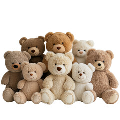 Group of adorable stuffed teddy bears sitting together on a white background, group stuffed teddy bears sitting together on a white surface, white background