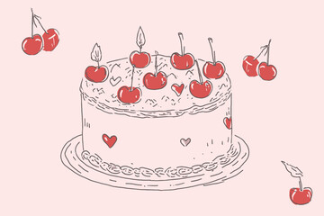 Hand Drawn Round Cake with Cherries and Hearts Line Art for Birthday and Wedding Dessert