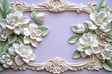 Ornate floral frame design on a pastel backdrop.