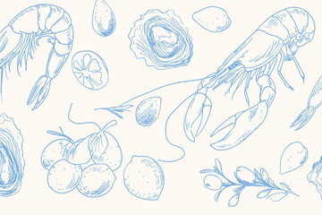 Horizontal Seafood Vector Pattern with Shrimps, Oysters, Lobster, Lemons, and Olives � Mediterranean Vintage Style for Restaurant and Marine Cafe Menu