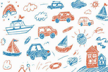 Kid Car Boat House Crayon Pattern Pastel Children Background Cartoon Doodle Toy Vector Illustration Kindergarten School