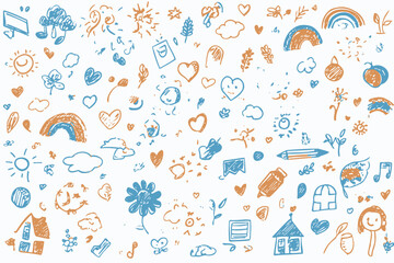 Kid Crayon Hand Drawn Background Children School Vector Cute Summer Flower Cloud House Rainbow Sun Child Sketch Illustration Color Pencil Doodle
