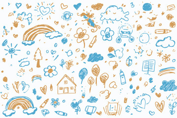 Kid Crayon Hand Drawn Background Children School Vector Cute Summer Flower Cloud House Rainbow Sun Child Sketch Illustration Color Pencil Doodle