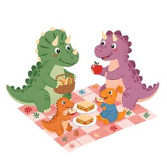 Naklejka premium Adorable Dinosaurs Enjoying a Delightful Picnic Outdoors with Sandwiches and Apples on a Pink Checkered Blanket