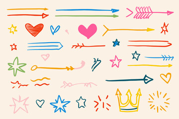 Hand Drawn Brush Marker Vector Set with Arrows, Hearts, Crowns, Stars, and Scribble Doodle Elements