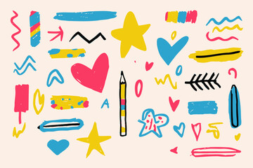 Hand Drawn Kid Pencil and Chalk Vector Elements Set with Heart, Star, and Arrow Scribbles