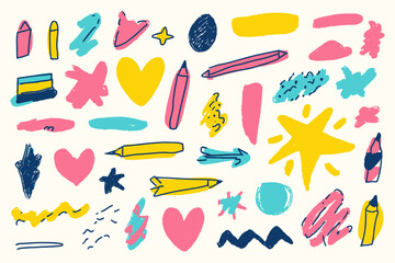 Hand Drawn Kid Pencil and Chalk Vector Elements Set with Heart, Star, and Arrow Scribbles