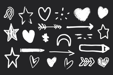 Hand Drawn Kid Pencil and Chalk Vector Set with Heart, Star, Arrow Scribble and Crayon Texture Elements