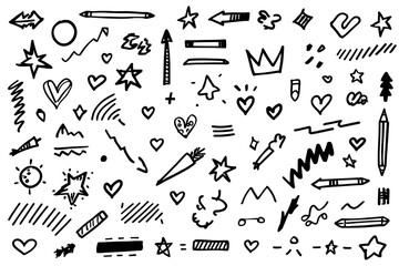 Hand Drawn Marker Brush Arrow and Symbol Vector Set with Heart, Crown, and Star Scribbles