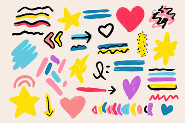 Hand Drawn Kid Pencil and Chalk Vector Elements Set with Heart, Star, and Arrow Scribbles
