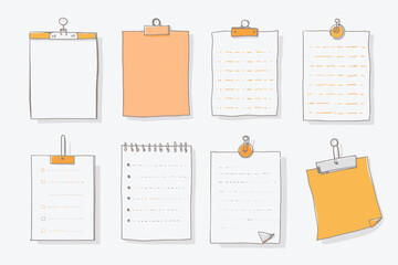 Cute Memo Frame Note Paper and Planner Sheet Vector Set with Hand Drawn Kid Sketch Style Stickers