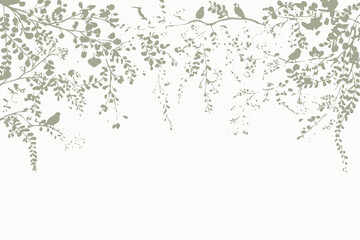 Watercolor Mural with Delicate Leaves, Flowers, Vines, and Birds Vector Illustration © John