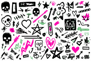Punk Doodle Hand Drawn Vector Grunge Graffiti Rock Heart Star Fire Arrow Skull Crayon Sketch Tattoo Scribble Marker Art