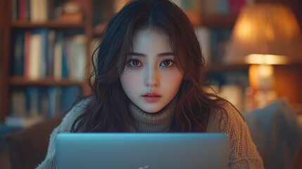 A young woman with dark hair gazes intently at the viewer from behind a laptop,  in a warmly lit library setting