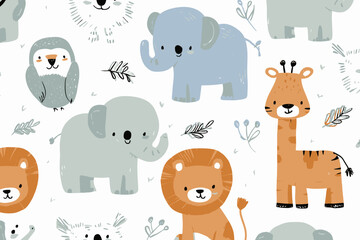 Seamless Cute Safari Animals Pattern with Elephant, Koala, Kiwi, Lion, Rhino, Tiger, and Giraffe � Hand-Drawn Colorful Vector for Kids and Babies