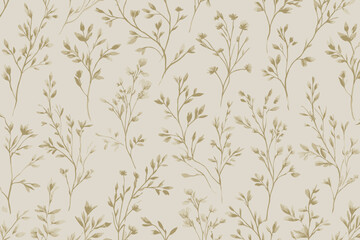 Modern Line Art Seamless Pattern with Tree Branches and Delicate Watercolor Leaves for Surface Design