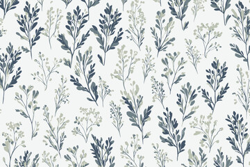 Seamless Modern Line Art Tree Branches and Leaves Pattern � Delicate Small Watercolor Leaves Vector Design