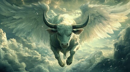 Mythical bull with wings soars through clouds