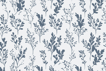 Seamless Modern Line Art Tree Branches and Leaves Pattern � Delicate Small Watercolor Leaves Vector Design