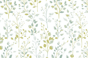 Modern Line Art Seamless Pattern with Tree Branches and Delicate Watercolor Leaves for Surface Design