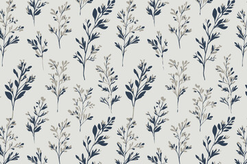 Seamless Modern Line Art Tree Branches and Leaves Pattern � Delicate Small Watercolor Leaves Vector Design