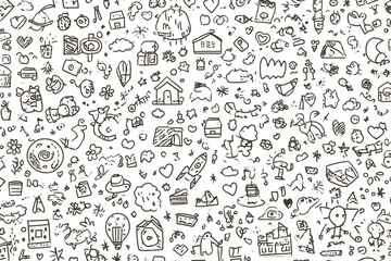 Seamless Kids Doodle Vector Banner Childlike Scribble Animals Rocket House Flowers Pattern