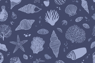 Seamless Marine Outline Pattern with Seashells, Starfish, Tentacles, and Coral Sketches