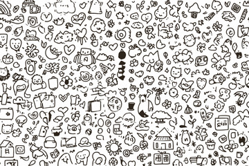 Seamless Kids Doodle Vector Banner Childlike Scribble Animals Rocket House Flowers Pattern