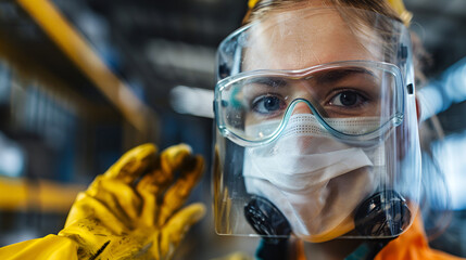Close up of worker with face shield mask and gloves in industrial setting with protective gear on