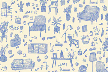 Seamless Mid Century Scandinavian Furniture Decor Vector Banner Line Art Home Objects Pattern
