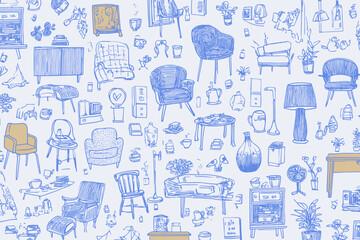 Seamless Mid Century Scandinavian Furniture Decor Vector Banner Line Art Home Objects Pattern