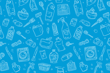 Seamless Cleaning Icons Vector Banner Hand Drawn Housework Laundry Sketch Pattern Home Routine Doodle Silhouettes