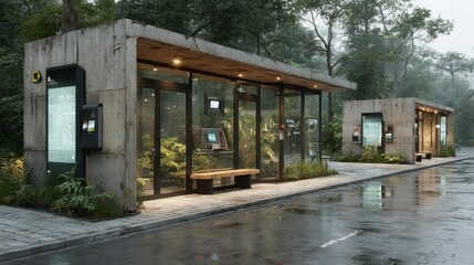 Obraz premium Modern Urban Shelter with Glass Walls and Digital Displays in a Lush Green Environment