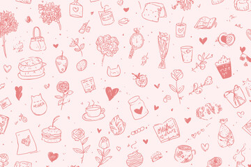Seamless Romantic Doodle Line Art Pattern for Valentine's Day and Wedding Background