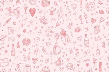 Seamless Romantic Doodle Line Art Pattern for Valentine's Day and Wedding Background