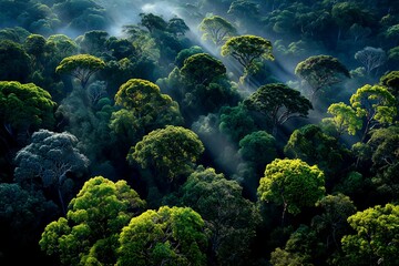 Aerial view of dense tropical rainforest canopy, overlapping layers of vibrant green foliage, scattered emergent trees rising above the canopy with wide crowns, deep shadow pockets between treetops