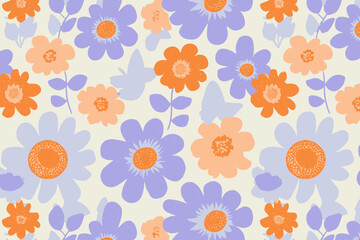 Retro 70s 80s Psychedelic Floral Seamless Pattern with Groovy Abstract Flowers