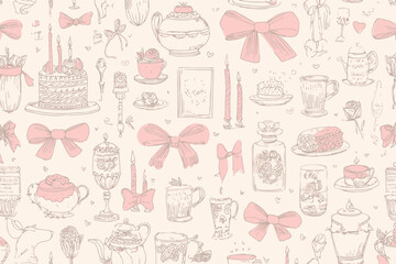 Seamless Coquette Vintage Pattern with Bows, Candles, Cake, Teapot, and Ribbons Line Art