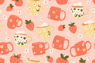 Seamless Floral Mugs Strawberries Vector Pattern Country Cottagecore Pink Background Wallpaper Wrapping Paper Textile Design