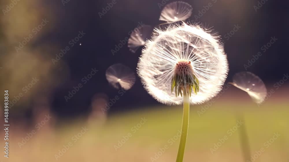 Poster close-up of a fluffy dandelion seed head with seeds floating in the air against soft blurred backgro