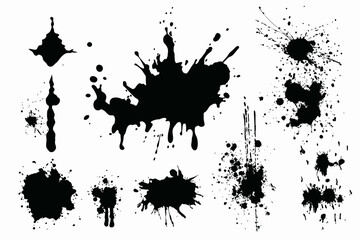 Set of Grunge Ink Splatter Vector Paint Splash Spray Drops Wet Paint Drip Silhouette Blob Design Elements