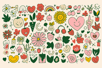 Naive Retro Doodles Vector Set Cute Flowers Hearts Strawberry Cherry Smiling Faces 70s Disco Funky Elements Card Poster Design
