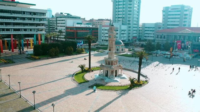 Izmir clock tower - 4k drone shot of the historical clock tower, the symbol of Izmir