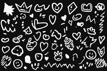 Hand Drawn Smile Brush Vector Set with Emoji Faces, Hearts, Crowns, and Crayon Texture Scribbles