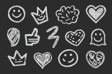 Hand Drawn Smile Brush Vector Set with Emoji Faces, Hearts, Crowns, and Crayon Texture Scribbles