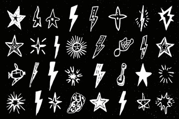 Hand Drawn Star Flash Doodle Icons Rock Punk Lightning Thunder Crayon Sketch Vector Music Illustration