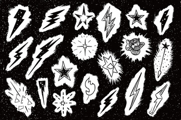 Hand Drawn Star Flash Doodle Icons Rock Punk Lightning Thunder Crayon Sketch Vector Music Illustration
